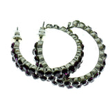 Silver-Tone & Purple Colored Metal Crystal-Hoop-Earrings With Crystal Accents #453
