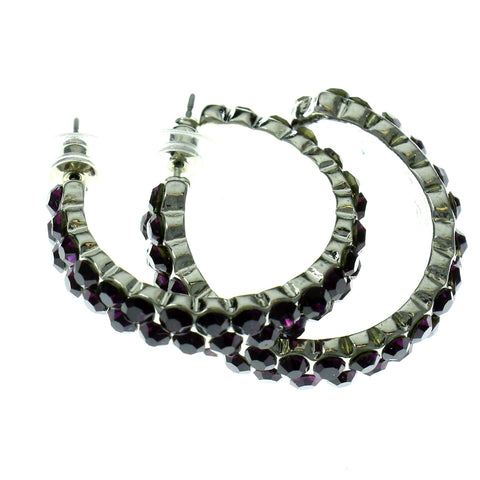 Silver-Tone & Purple Colored Metal Crystal-Hoop-Earrings With Crystal Accents #453