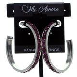 Silver-Tone & Purple Colored Metal Crystal-Hoop-Earrings With Crystal Accents #454