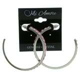 Silver-Tone & Pink Colored Metal Crystal-Hoop-Earrings With Crystal Accents #458