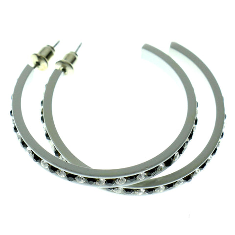 White & Black Colored Metal Crystal-Hoop-Earrings With Crystal Accents #462