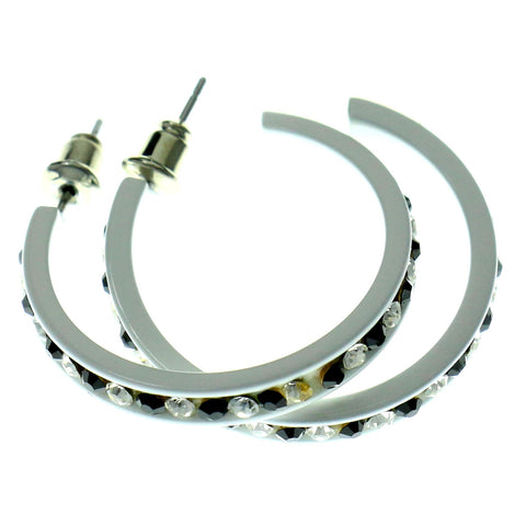 White & Black Colored Metal Crystal-Hoop-Earrings With Crystal Accents #466