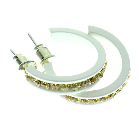 White & Yellow Colored Metal Crystal-Hoop-Earrings With Crystal Accents #469
