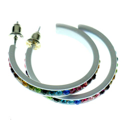 White & Multi Colored Metal Crystal-Hoop-Earrings With Crystal Accents #474