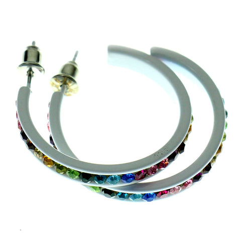 White & Multi Colored Metal Crystal-Hoop-Earrings With Crystal Accents #474