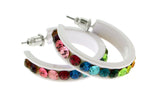 White & Multi Colored Metal Crystal-Hoop-Earrings With Crystal Accents #478