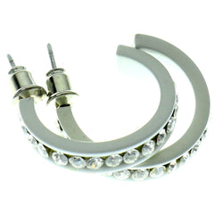 White & Clear Colored Metal Crystal-Hoop-Earrings With Crystal Accents #485