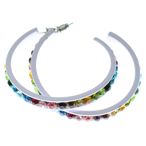 White & Multi Colored Metal Crystal-Hoop-Earrings With Crystal Accents #490