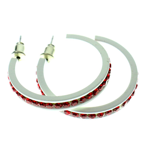 White & Red Colored Metal Crystal-Hoop-Earrings With Crystal Accents #513