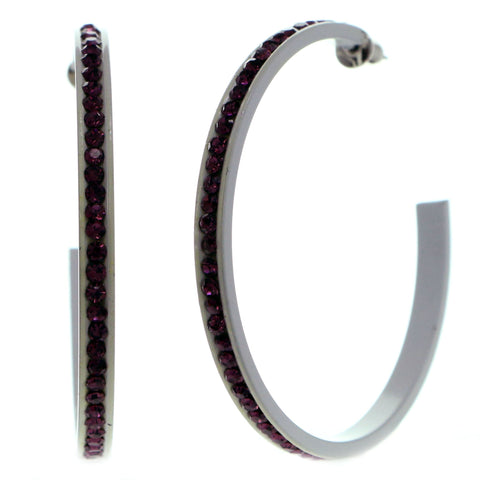White & Purple Colored Metal Crystal-Hoop-Earrings With Crystal Accents #518