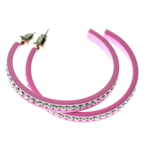 Pink & Clear Colored Metal Crystal-Hoop-Earrings With Crystal Accents #352