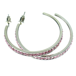 Silver-Tone & Pink Colored Metal Crystal-Hoop-Earrings With Crystal Accents #364