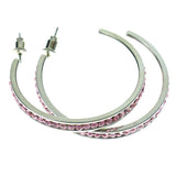 Silver-Tone & Pink Colored Metal Crystal-Hoop-Earrings With Crystal Accents #364