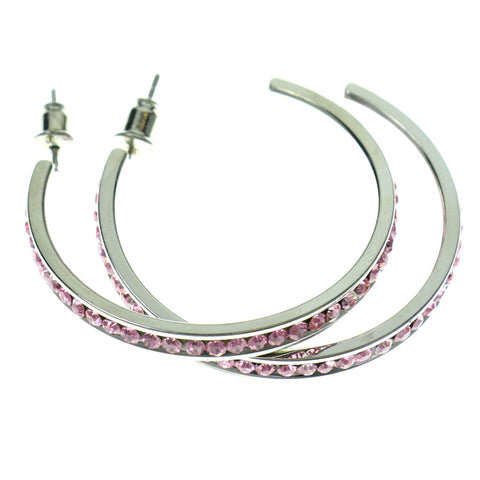 Silver-Tone & Pink Colored Metal Crystal-Hoop-Earrings With Crystal Accents #364