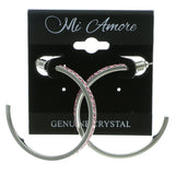 Silver-Tone & Pink Colored Metal Crystal-Hoop-Earrings With Crystal Accents #364
