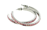 Silver-Tone & Pink Colored Metal Crystal-Hoop-Earrings With Crystal Accents #364