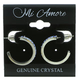 Silver-Tone & Blue Colored Metal Crystal-Hoop-Earrings With Crystal Accents #370