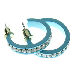 Blue & Clear Colored Metal Crystal-Hoop-Earrings With Crystal Accents #372