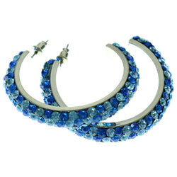 Silver-Tone & Blue Colored Metal Crystal-Hoop-Earrings With Crystal Accents #379