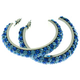 Silver-Tone & Blue Colored Metal Crystal-Hoop-Earrings With Crystal Accents #379