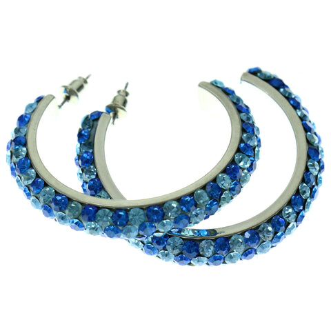 Silver-Tone & Blue Colored Metal Crystal-Hoop-Earrings With Crystal Accents #379