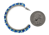 Silver-Tone & Blue Colored Metal Crystal-Hoop-Earrings With Crystal Accents #379