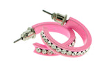 Silver-Tone & Pink Colored Metal Crystal-Hoop-Earrings With Crystal Accents #382