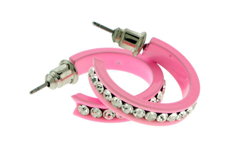 Silver-Tone & Pink Colored Metal Crystal-Hoop-Earrings With Crystal Accents #382
