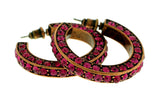 Bronze-Tone & Pink Colored Metal Crystal-Hoop-Earrings With Crystal Accents #399