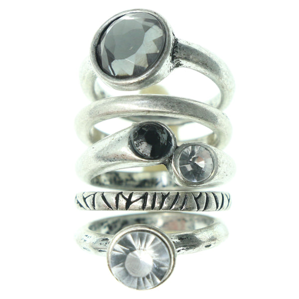 Silver-Tone & Blue Colored Metal Multiple-Rings With Crystal Accents #3604
