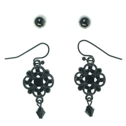 Silver-Tone & Black Colored Metal Multiple-Earrings With Bead Accents #3633