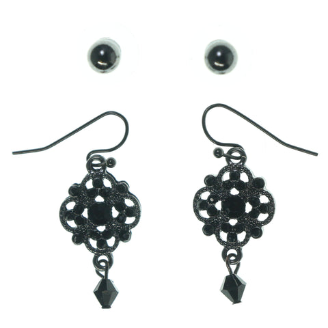 Silver-Tone & Black Colored Metal Multiple-Earrings With Bead Accents #3633