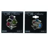 Silver-Tone & Multi Colored Metal Multiple-Rings With Crystal Accents #3631