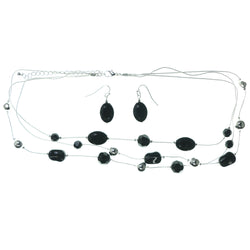 Adjustable Length Necklace-Earrings With Bead Accents Silver-Tone & Black Colored #3583