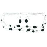 Adjustable Length Necklace-Earrings With Bead Accents Silver-Tone & Black Colored #3583