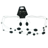 Adjustable Length Necklace-Earrings With Bead Accents Silver-Tone & Black Colored #3583