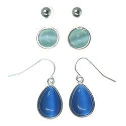 Blue & Silver-Tone Colored Metal Multiple-Earrings With Bead Accents #3600