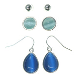 Blue & Silver-Tone Colored Metal Multiple-Earrings With Bead Accents #3600