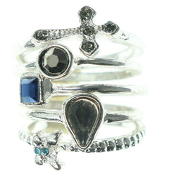Cross Butterfly Multiple-Rings With Crystal Accents Silver-Tone & Blue Colored #3616