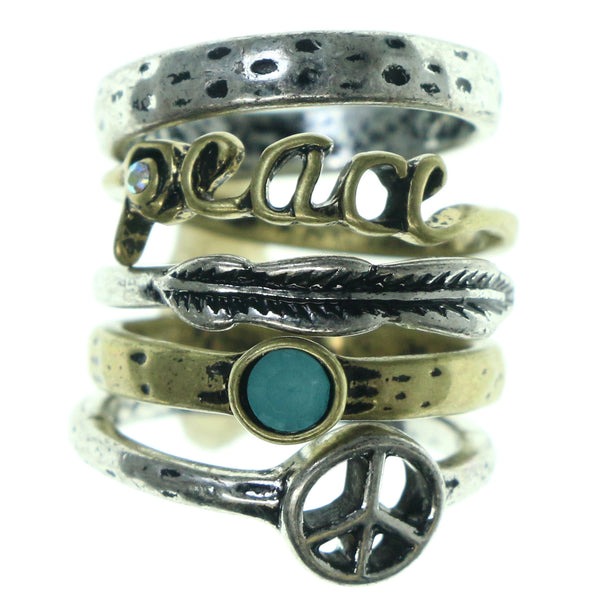 Peace Feather Multiple-Rings Gold-Tone & Silver-Tone Colored #3589