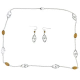 Silver-Tone & Brown Colored Metal Necklace-Earrings With Bead Accents #3566