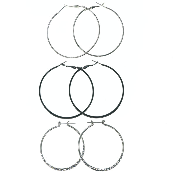 Hoop Multiple-Earrings Silver-Tone & Black Colored #3629
