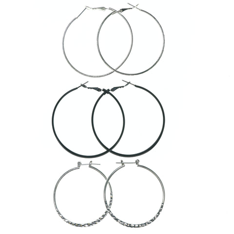 Hoop Multiple-Earrings Silver-Tone & Black Colored #3629