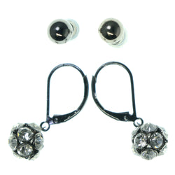 Black & Silver-Tone Colored Metal Multiple-Earrings With Crystal Accents #3585