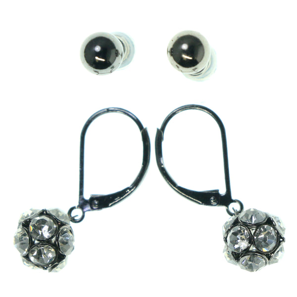 Black & Silver-Tone Colored Metal Multiple-Earrings With Crystal Accents #3585