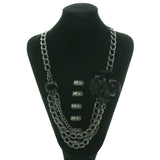 Flower Bow Necklace With Faceted Accents Dark Silver & Black Colored #3638