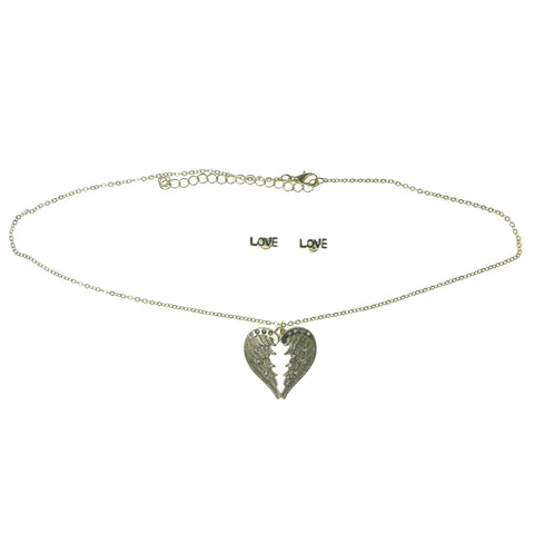 Adjustable Length Angel Wings Heart Necklace-Earrings Set With Crystal Accents Gold-Tone Color #3537