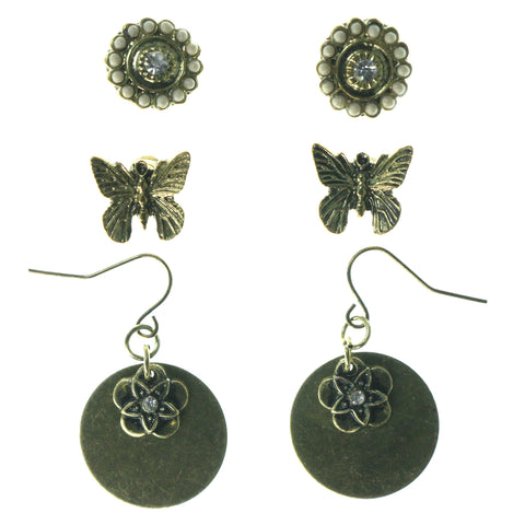 Flowers Butterfly Multiple-Earrings  With Crystal Accents Gold-Tone Color #3548