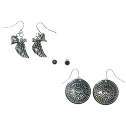 Heart Angel Wings Multiple-Earrings With Crystal Accents Silver-Tone & Black Colored #3523