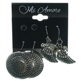 Heart Angel Wings Multiple-Earrings With Crystal Accents Silver-Tone & Black Colored #3523